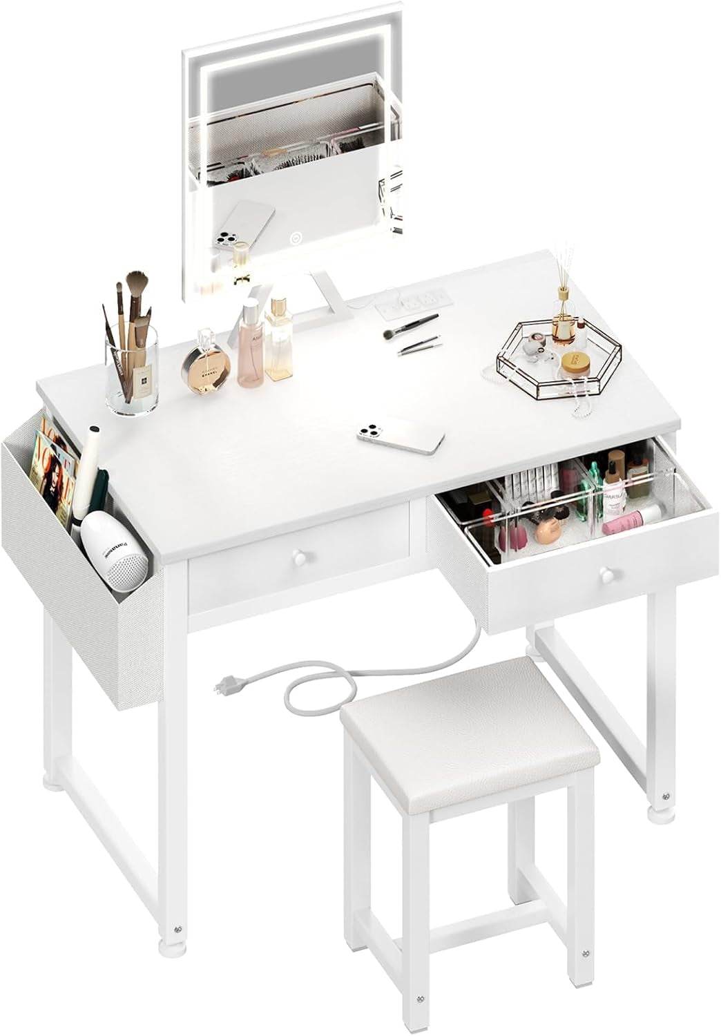 Small Makeup Vanity Desk with Fabric Drawers, 32 Inch White Vanity Desks with Mirror and Light, Dressing Table and Chair Set with Power Outlet for Girls Bedroom, White