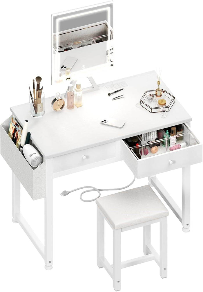 Small Makeup Vanity Desk with Fabric Drawers, 32 Inch White Vanity Desks with Mirror and Light, Dressing Table and Chair Set with Power Outlet for Girls Bedroom, White
