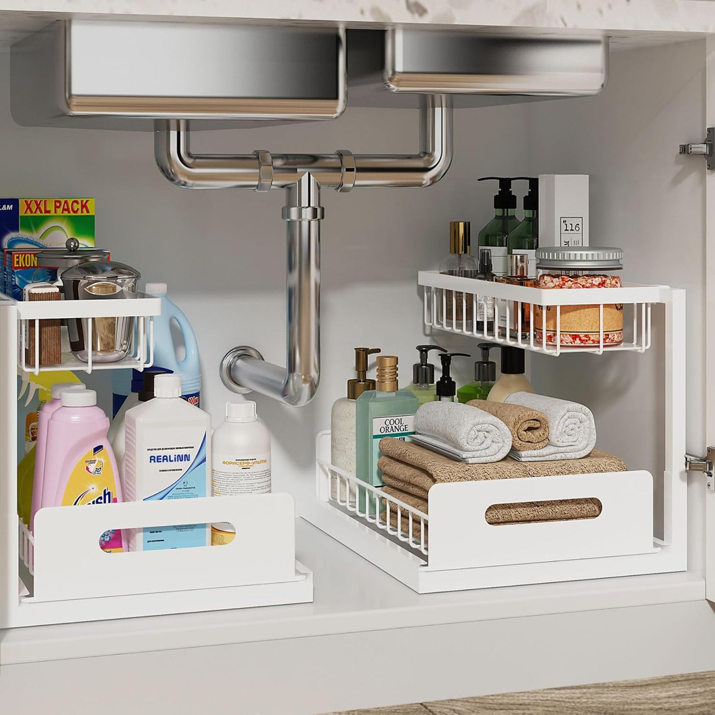 under Sink Organizer, Pull Out Cabinet Organizer, 2 Tier Metal Slide Out Shelf with L Shaped Design for Kitchen, Bathroom, Laundry, and Utility Cabinet Storage for Deep Cabinets, White, 2 Pack