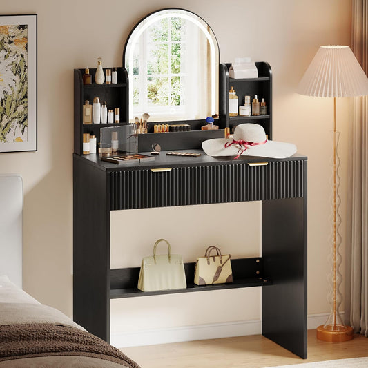 Makeup Vanity Desk with Mirror and Lights, Black Vanity Table with 2 Drawers & Open Storage Shelves, Fluted Vanity Bedroom Makeup Dressing Table Set for Women Girls