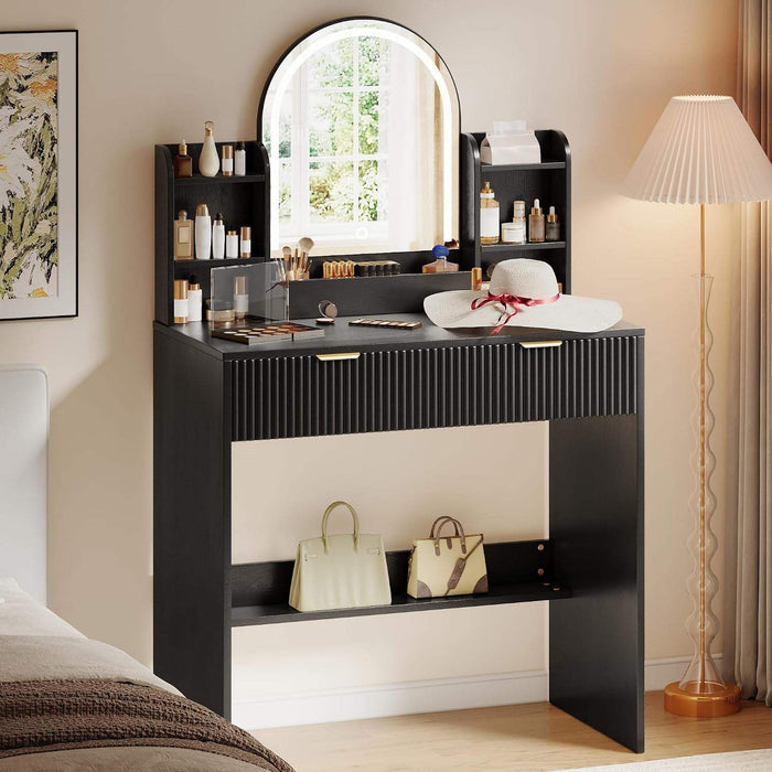 Makeup Vanity Desk with Mirror and Lights, Black Vanity Table with 2 Drawers & Open Storage Shelves, Fluted Vanity Bedroom Makeup Dressing Table Set for Women Girls