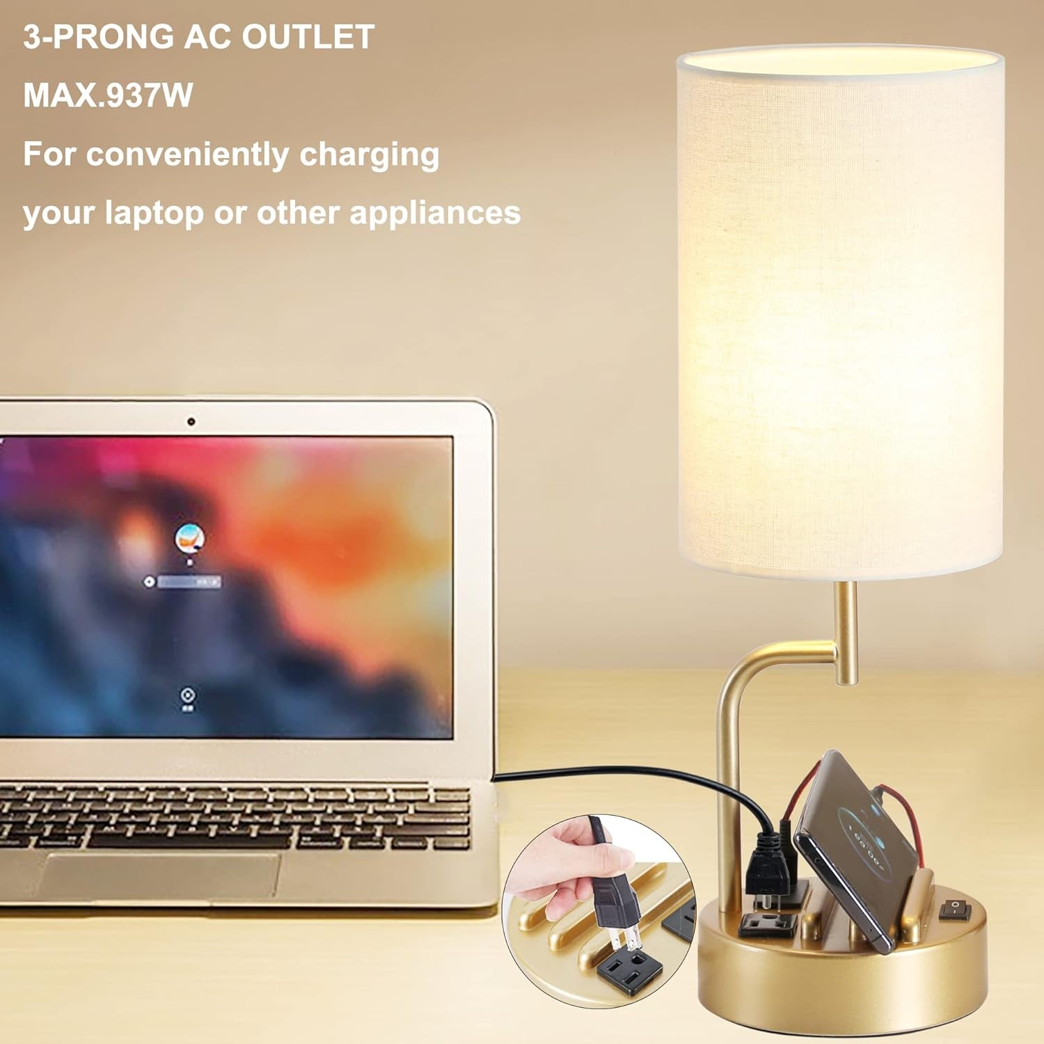 Table Lamp with 3 USB Charging Ports, Modern Desk Lamp with AC Outlet and Phone Stands, Perfect Bedside Lamp for Bedroom, Living Room, Office (Pack of 2), Gold