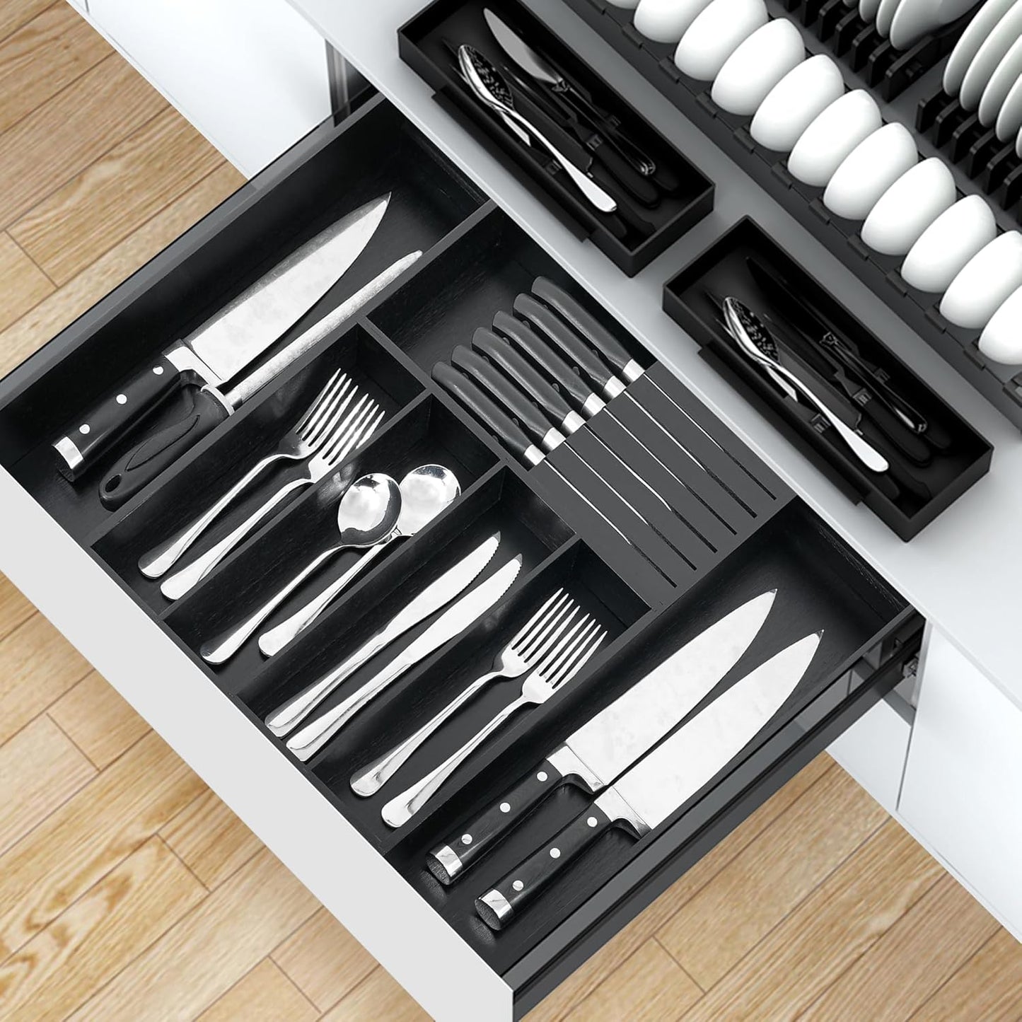 Bamboo Silverware Drawer Organizer Kitchen, Expandable Utensil Organizer with Knife Block, Cutlery Tray with Divider, Multifunctional Drawer Organizer (Black)