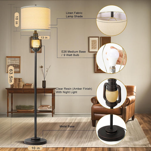 Floor Lamp for Living Room Vintage Standing Lamp with Linen Fabric Hardback Shade Industrial Tall Lamp with Night Light Decor for Living Room, Bedroom,Study, Home Office