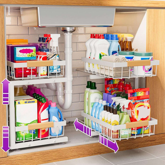 White adjustable under sink organizer with 2-tier pull-out sliding drawers for kitchen and bathroom storage