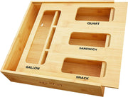 Bamboo bag storage organizer for kitchen drawer with four slots and labels for food storage bags