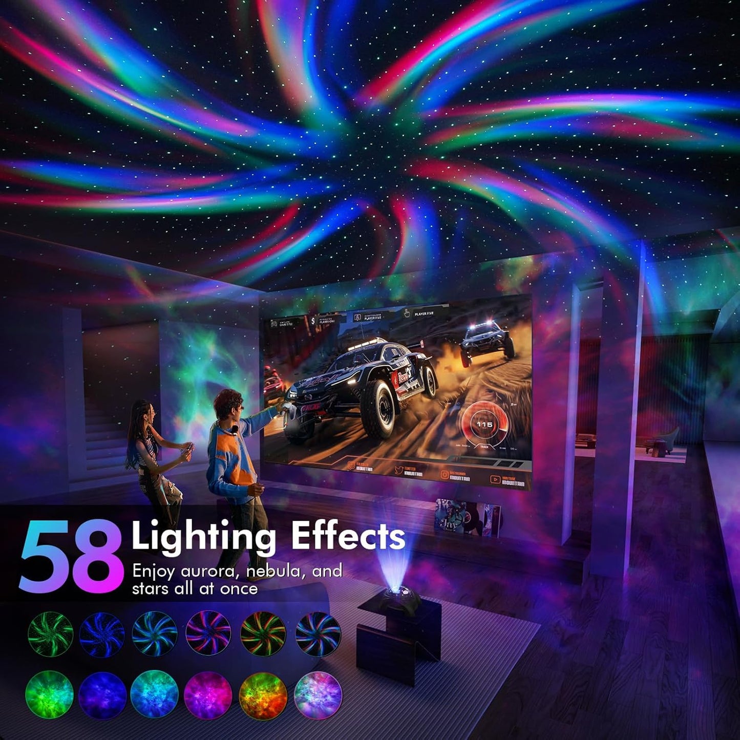 Dual Lens Galaxy Projector, Star Projector for Bedroom with 58 Light Effects, Night Light Projector with White Noise & Bluetooth Speaker, Remote Timer, Room Decor Gift for Kids Adults Teens