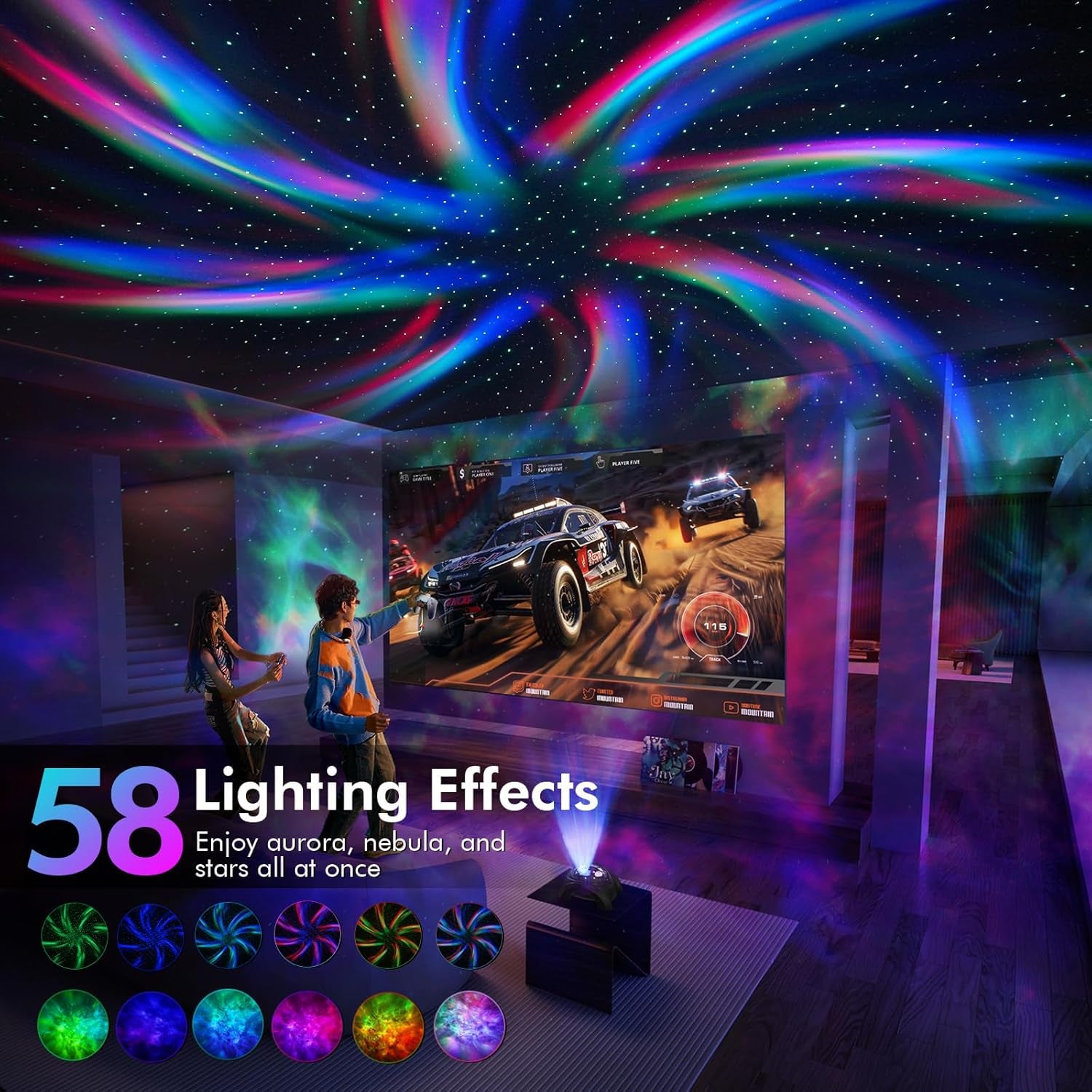 Dual Lens Galaxy Projector, Star Projector for Bedroom with 58 Light Effects, Night Light Projector with White Noise & Bluetooth Speaker, Remote Timer, Room Decor Gift for Kids Adults Teens