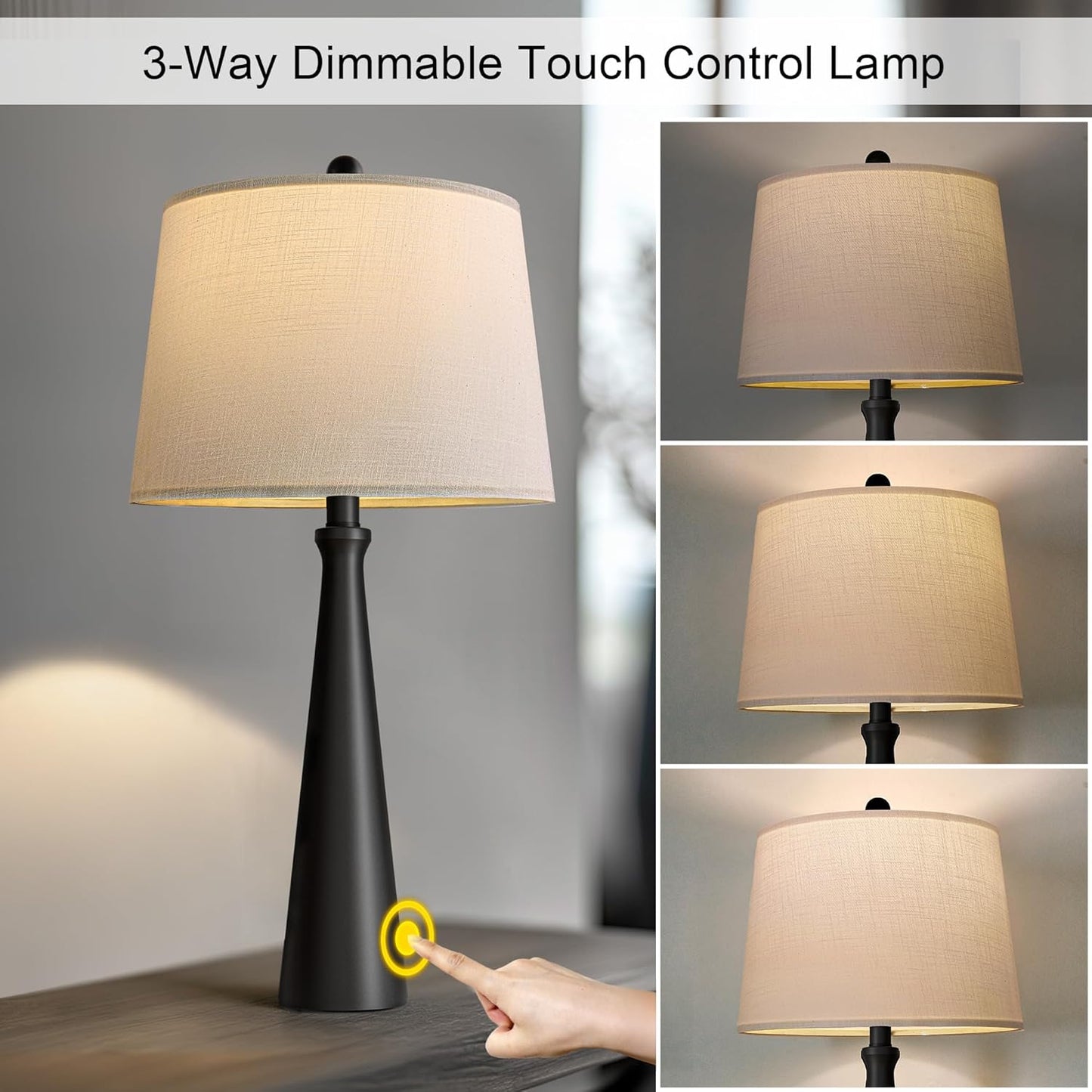 25.75" Table Lamps for Living Room, Bedside Lamp 3-Way Dimmable Touch Control, Modern Black Nightstand Lamp with Fabric Shade, Vintage Table Lamp for Bedroom, Bulb Included