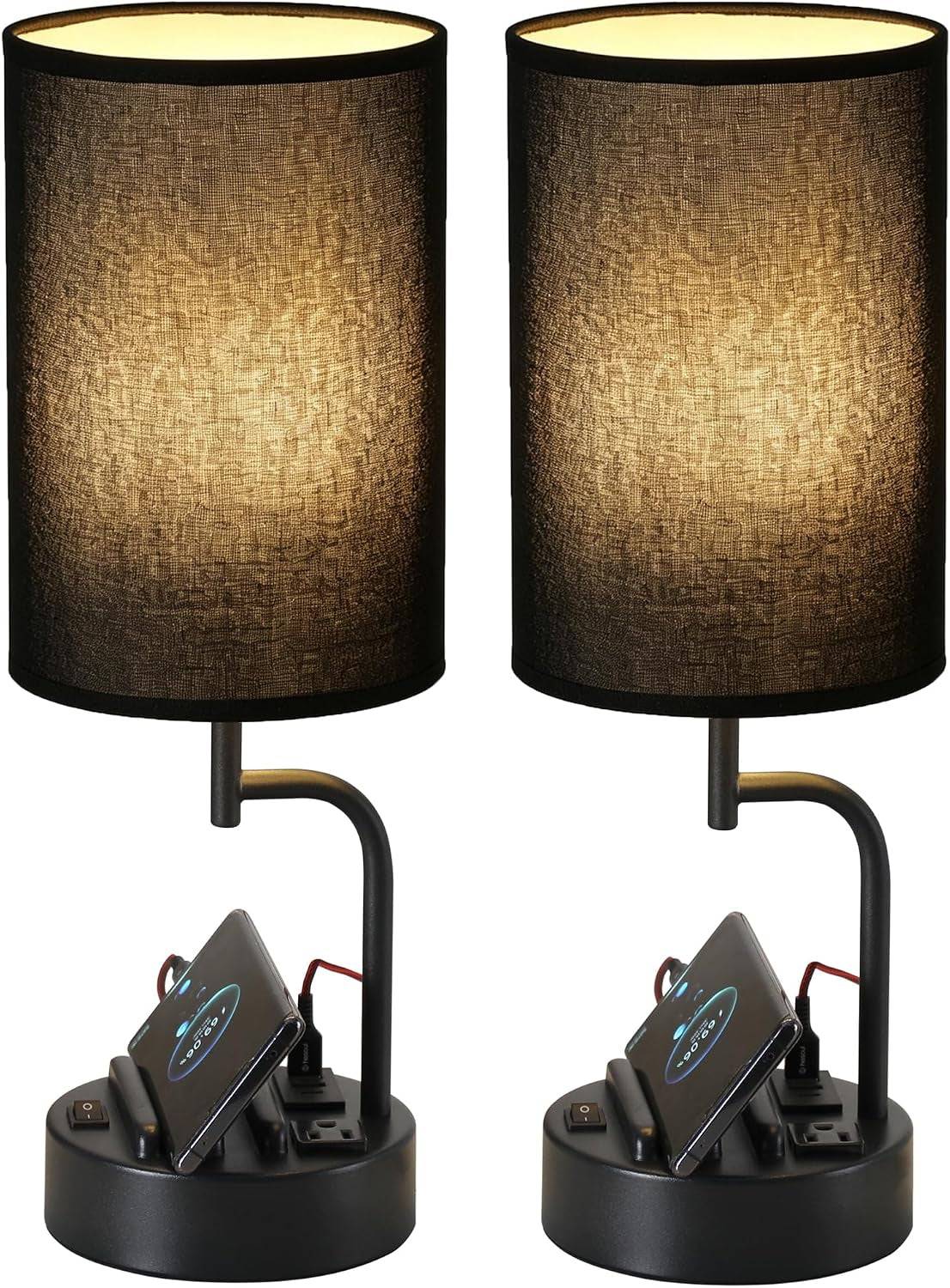 Modern black table lamp with 3 USB charging ports, AC outlet, and dual phone holders, perfect for bedroom or office use