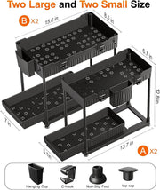 4 Pack under Sink Organizer, Bathroom Organizers and Storage, 2 Tier Multi-Use Pull Out Cabinet Organizer with Hang Hooks and Cups (Black, 4 Pack)