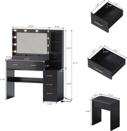 Makeup Vanity with Lights & Charging Station, Black Vanity Table with 5 Drawers & Open Storage Shelves, Bedroom Makeup Dressing Table Set for Women Girls Golden Handles