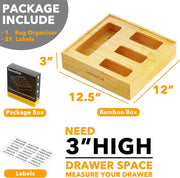 Bag Storage Organizer for Kitchen Drawer, Bamboo Organizer, Compatible with Gallon, Quart, Sandwich and Snack Variety Size Bag (1 Box 4 Slots)