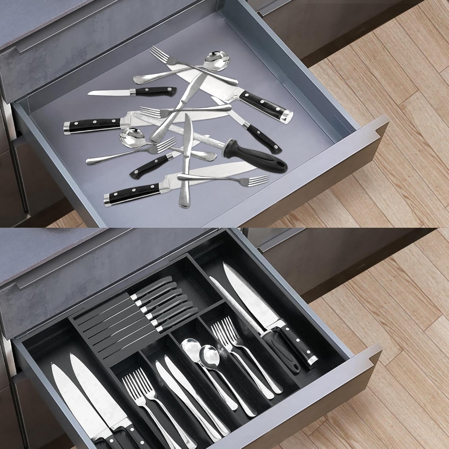 Bamboo Silverware Drawer Organizer Kitchen, Expandable Utensil Organizer with Knife Block, Cutlery Tray with Divider, Multifunctional Drawer Organizer (Black)