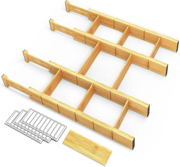 Bamboo Drawer Dividers with Inserts and Labels, Kitchen Adjustable Drawer Organizers, Expandable Organization