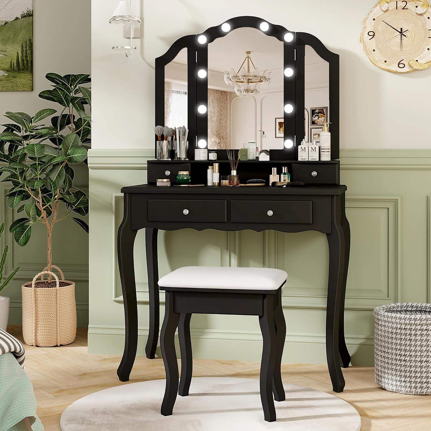 Vanity Desk with Lights - Makeup Vanity Table with Tri-Fold Mirror, 10 Adjustable Hollywood LED Lights, 4 Storage Drawers, Bedroom Makeup Dressing Table with Lighted Mirror and Stool (Black)