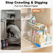 under Sink Organizer, Pull Out Cabinet Organizer, 2 Tier Metal Slide Out Shelf with L Shaped Design for Kitchen, Bathroom, Laundry, and Utility Cabinet Storage for Deep Cabinets, White, 2 Pack