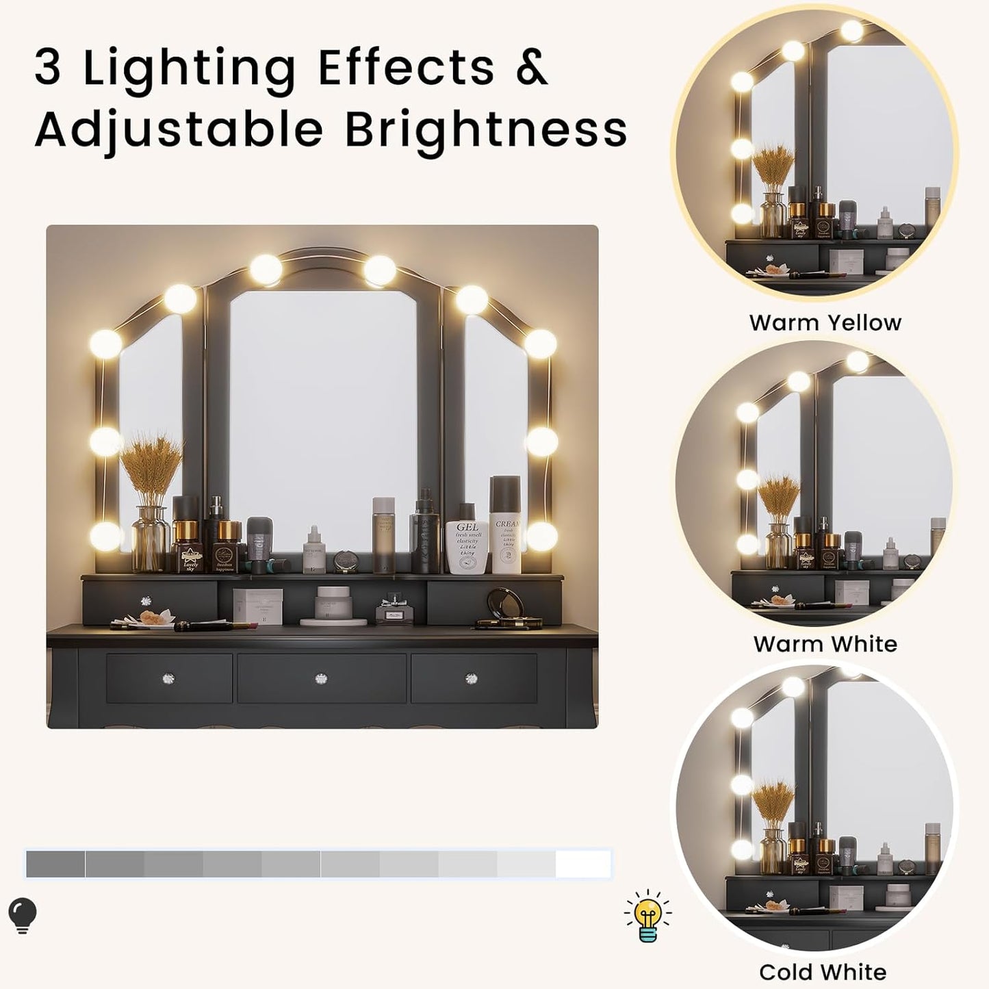 Vanity Desk, Makeup Vanity with Lighted Tri-Fold Mirror and Stool, Vanity Set with 5 Drawers, 3 Light Settings & Adjustable Brightness, Black