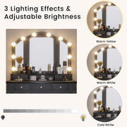 Vanity Desk, Makeup Vanity with Lighted Tri-Fold Mirror and Stool, Vanity Set with 5 Drawers, 3 Light Settings & Adjustable Brightness, Black