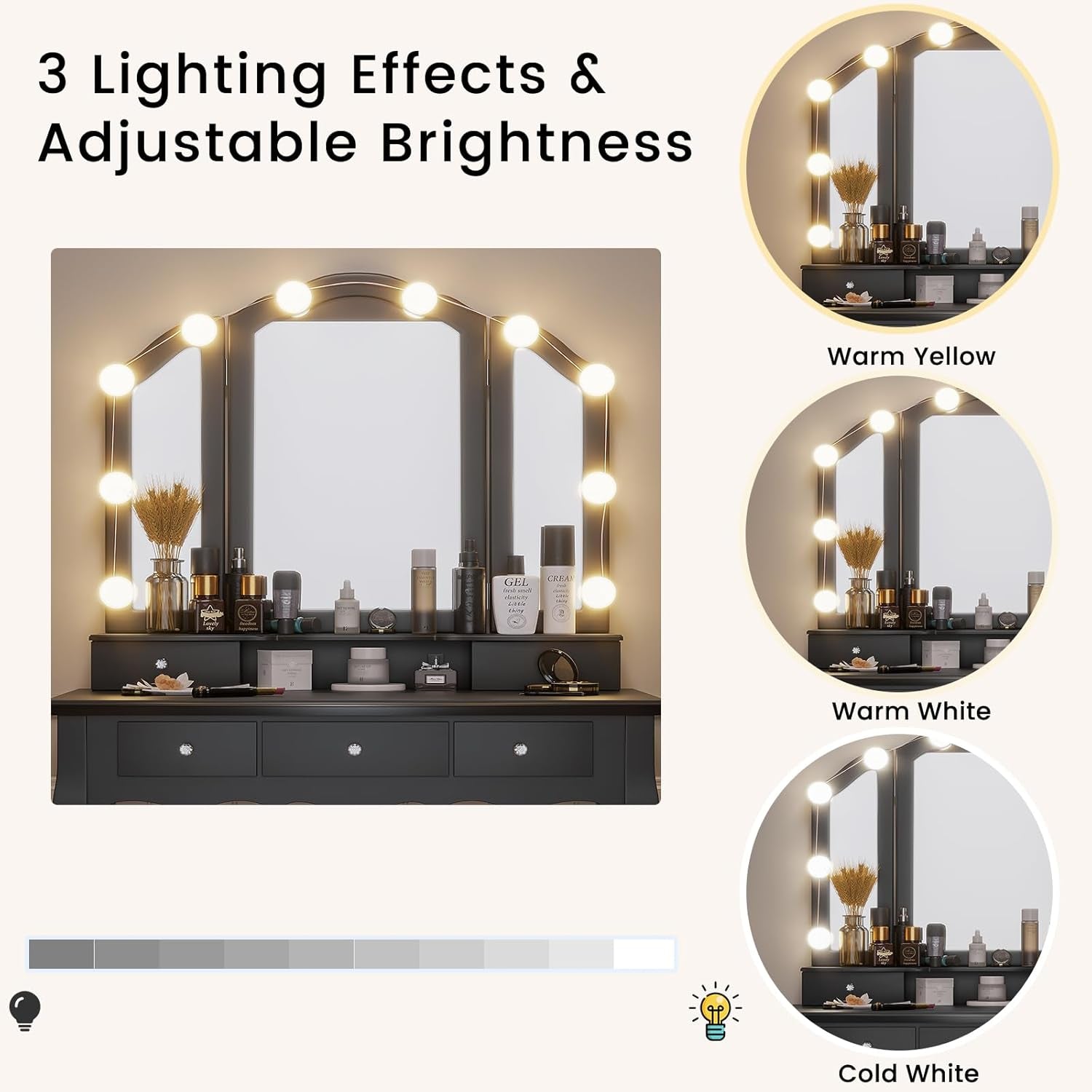 Vanity Desk, Makeup Vanity with Lighted Tri-Fold Mirror and Stool, Vanity Set with 5 Drawers, 3 Light Settings & Adjustable Brightness, Black