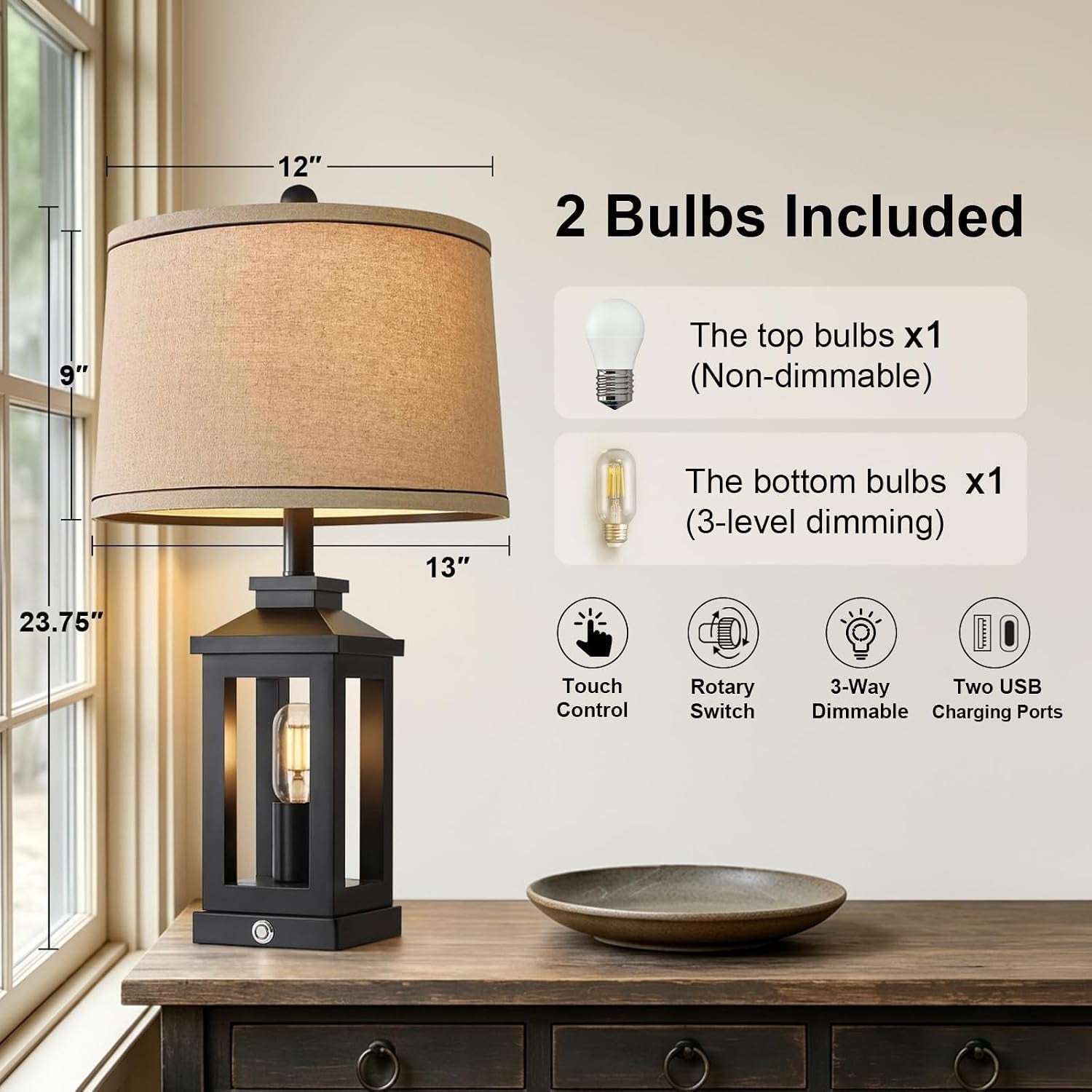 23.75" Retro Farmhouse Black Table Lamp for Living Room Bedroom Nightstand Single Pack Touch Control Bedside Nightlight Vintage Modern Lamp with USB C+A Ports and 2 Light Sources