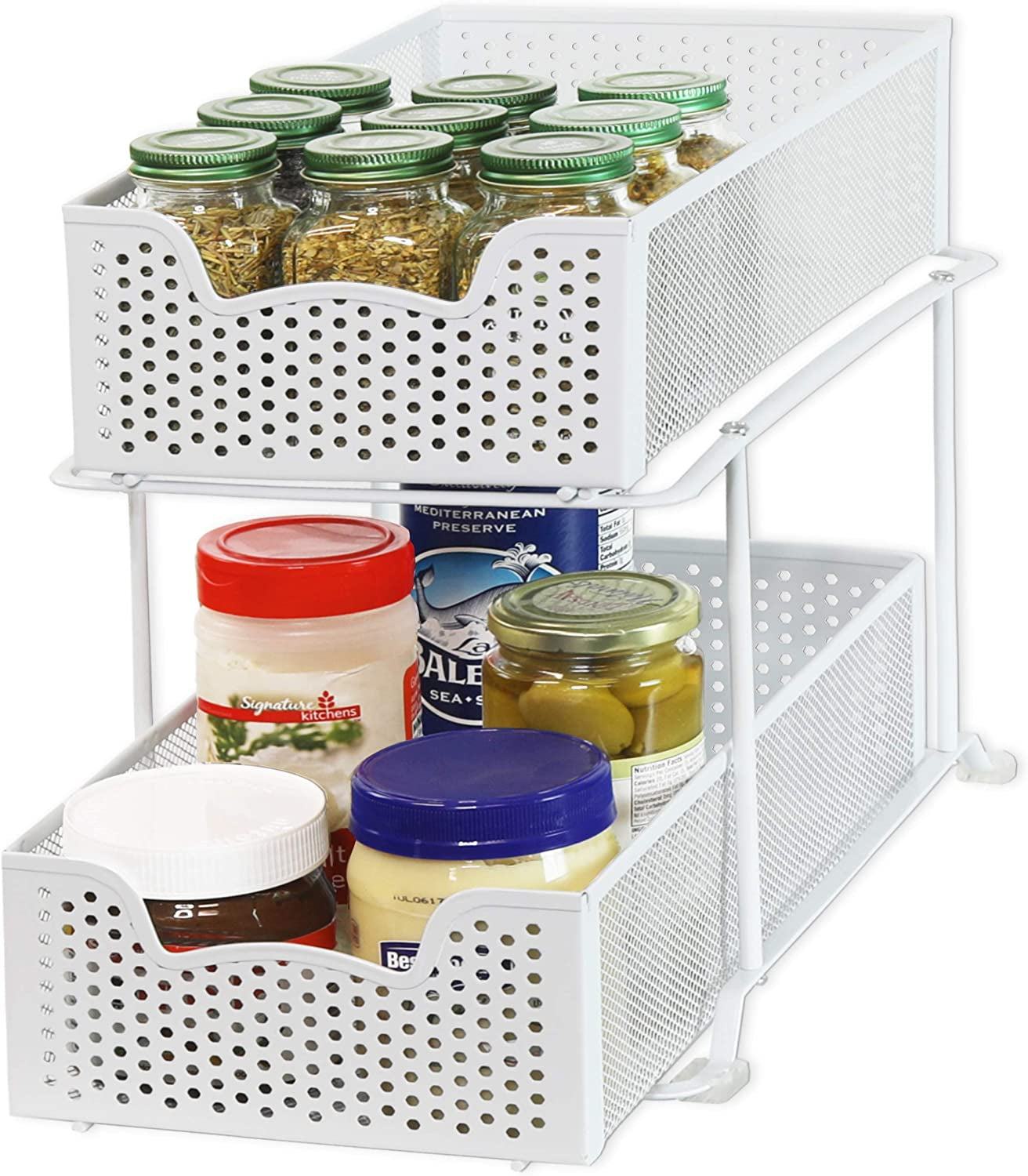 2 tier white sliding cabinet basket organizer with metal mesh drawers for kitchen and bathroom storage