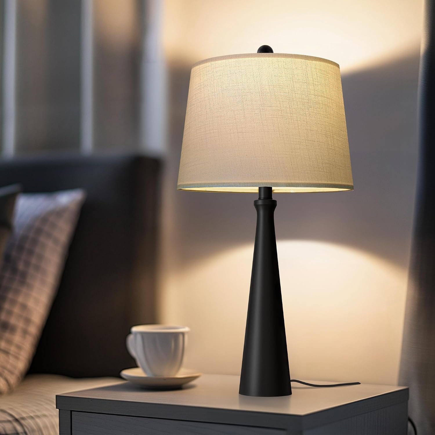 25.75" Table Lamps for Living Room, Bedside Lamp 3-Way Dimmable Touch Control, Modern Black Nightstand Lamp with Fabric Shade, Vintage Table Lamp for Bedroom, Bulb Included
