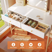 35.4" White and Gold Desk with 2 Drawers, Modern Makeup Vanity with Padded Stool, Small Computer Desk Home Office Desk for Writing Study Bedroom