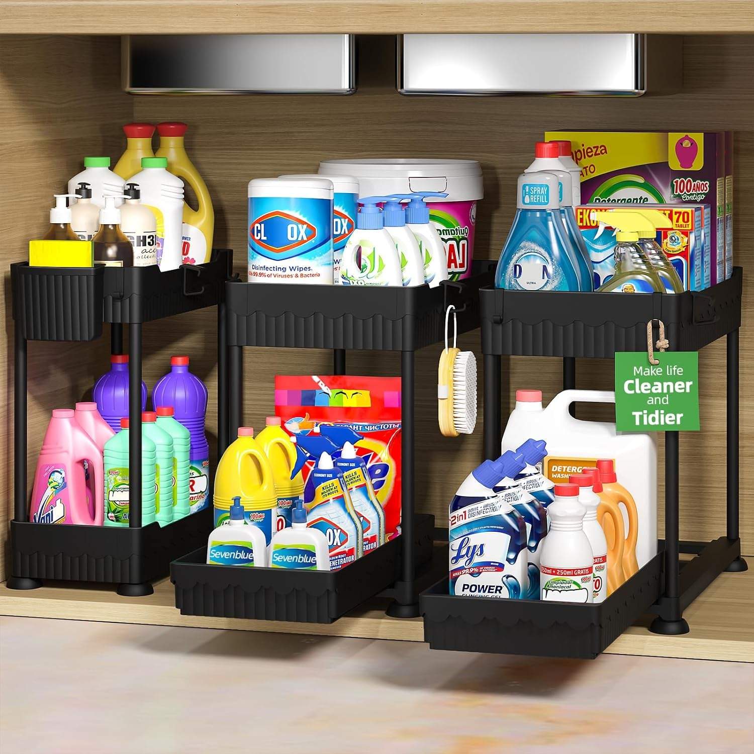 3-Pack 2-Tier under Sink Organizers with sliding drawers in black for kitchen and bathroom storage