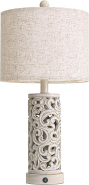 22'' Farmhouse Table Lamp for Living Room, Bedside Lamp with 2 USB Ports for Bedroom, Rustic Nightstand Lamp with Linen Lampshade for Office Hallway Home Decor, Distressed Grey (Bulb Included)