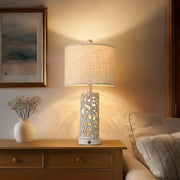 22'' Farmhouse Table Lamp for Living Room, Bedside Lamp with 2 USB Ports for Bedroom, Rustic Nightstand Lamp with Linen Lampshade for Office Hallway Home Decor, Distressed Grey (Bulb Included)