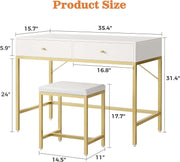 35.4" White and Gold Desk with 2 Drawers, Modern Makeup Vanity with Padded Stool, Small Computer Desk Home Office Desk for Writing Study Bedroom