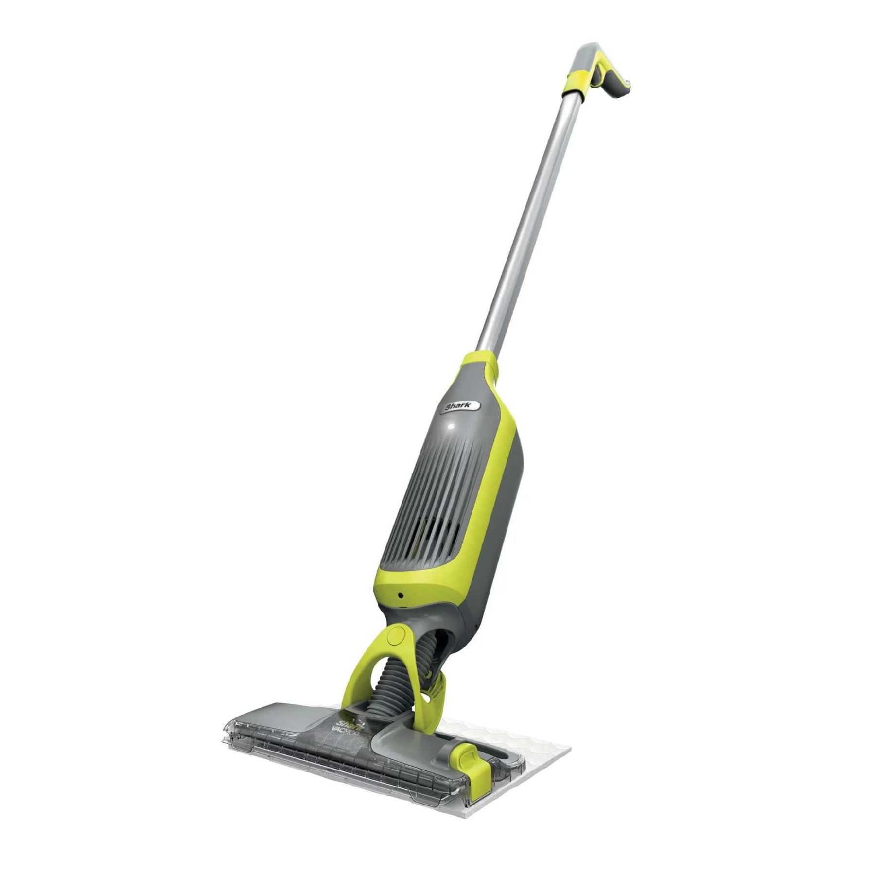 Shark VACMOP cordless hard floor vacuum mop with spray cleaning and disposable pads on hardwood floor