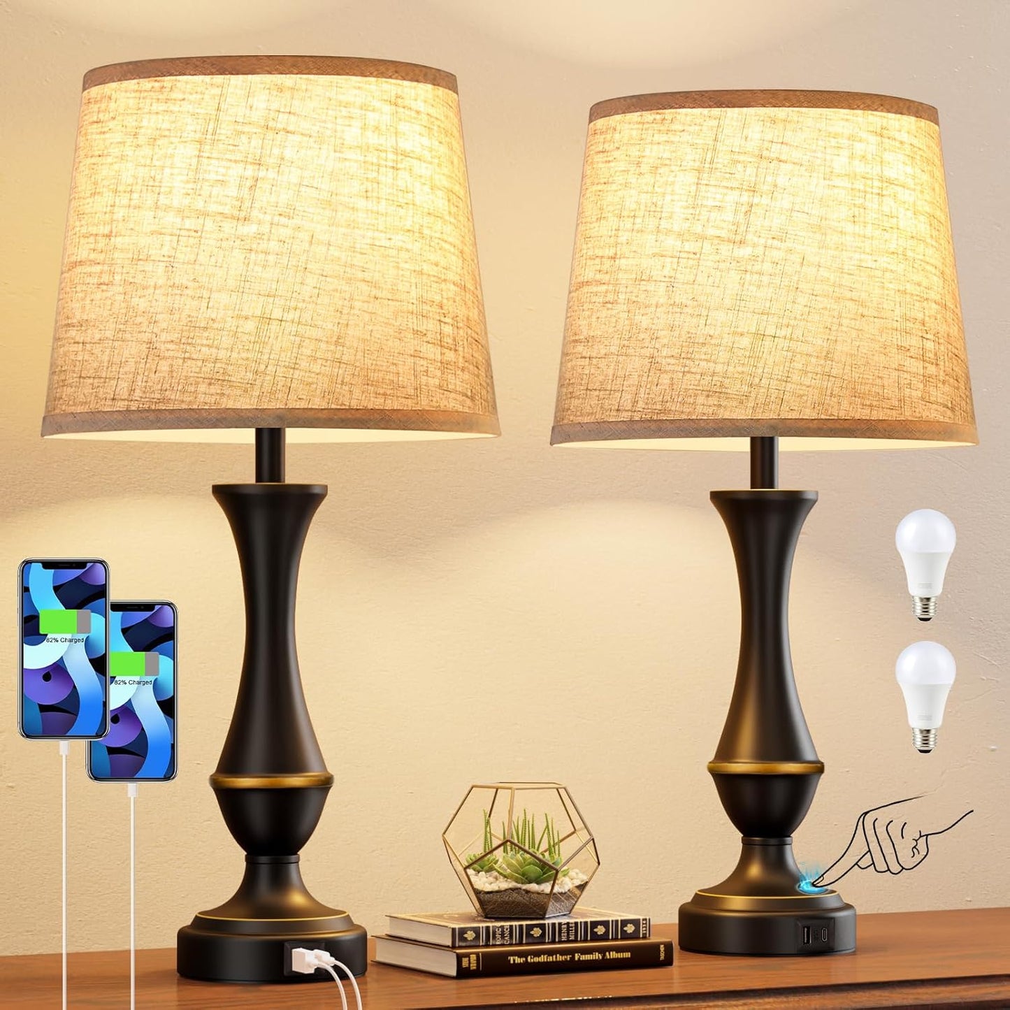 Upgraded Touch Lamps for Night Stands Set of 2 - Bedside Lamps with USB C+A, 3 Way Dimmable for Bedroom Living Room End Tables Office | Touch Control, Dimmable, USB C+A Charging Ports, LED Bulb Included, Corded, Bedside Lamp, Bedroom Lamp, Living Room Office
