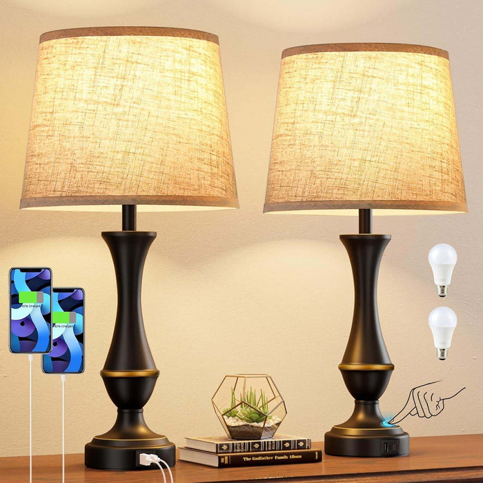 Set of 2 touch lamps for night stands with USB C+A ports and 3-way dimmable LED bulbs