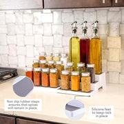 3–Tier Expandable Plastic Spice Rack - Adjustable Length, Stability with Non-Skid Shelf, Three Tiers for Easy Visibility, Organizer for Kitchen Cabinet, Pantry or Countertop, White/Grey