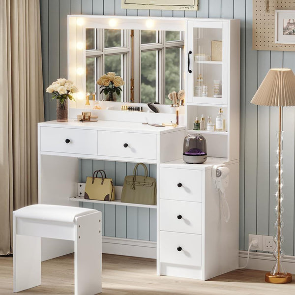 Makeup Vanity with Lights & Charging Station, White Vanity Table
