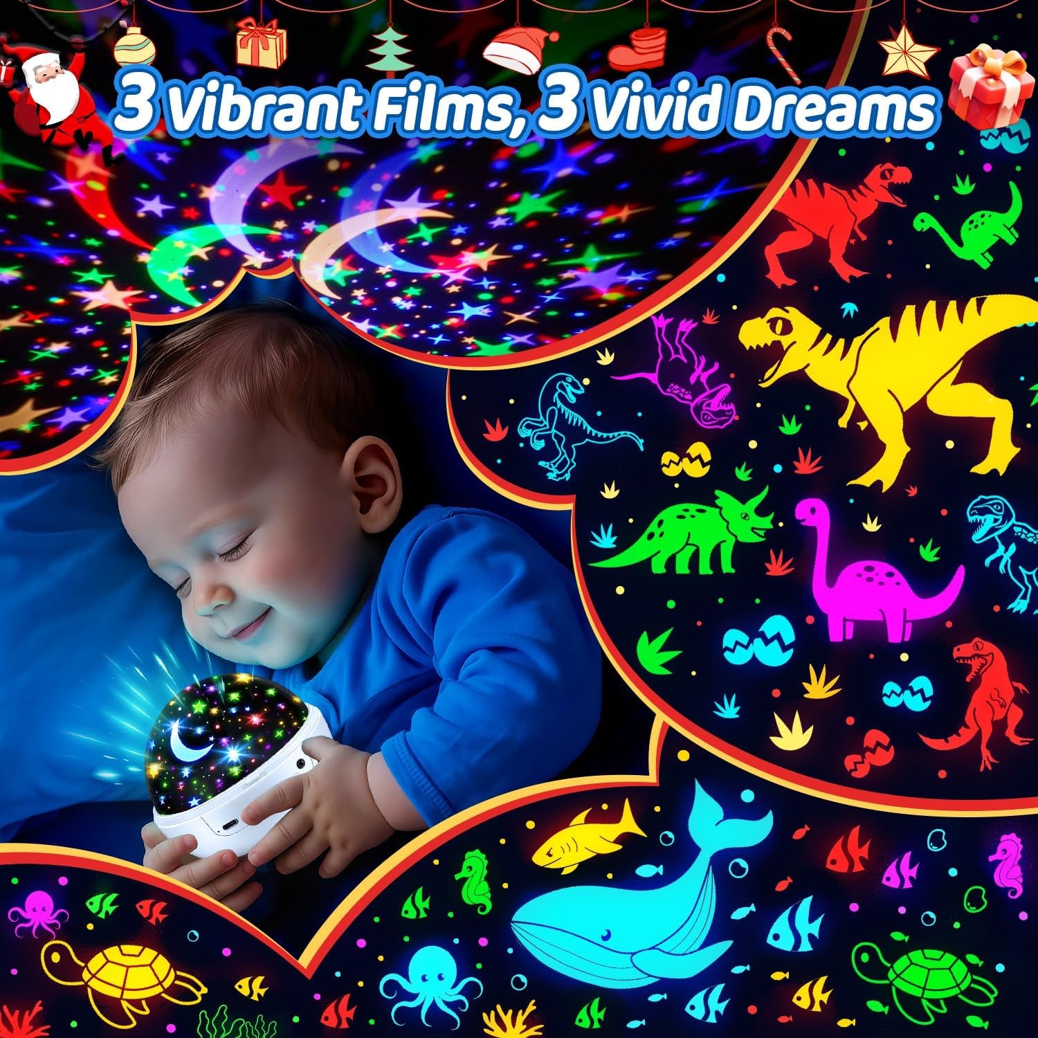 Boy Room Decor, 93 Lighting+3 Films Toddler Room Decor, Remote+Dimmable+360° Slient Nightlight for Baby Nursery, Starry Night Light up Toys, Moon Projector (White)