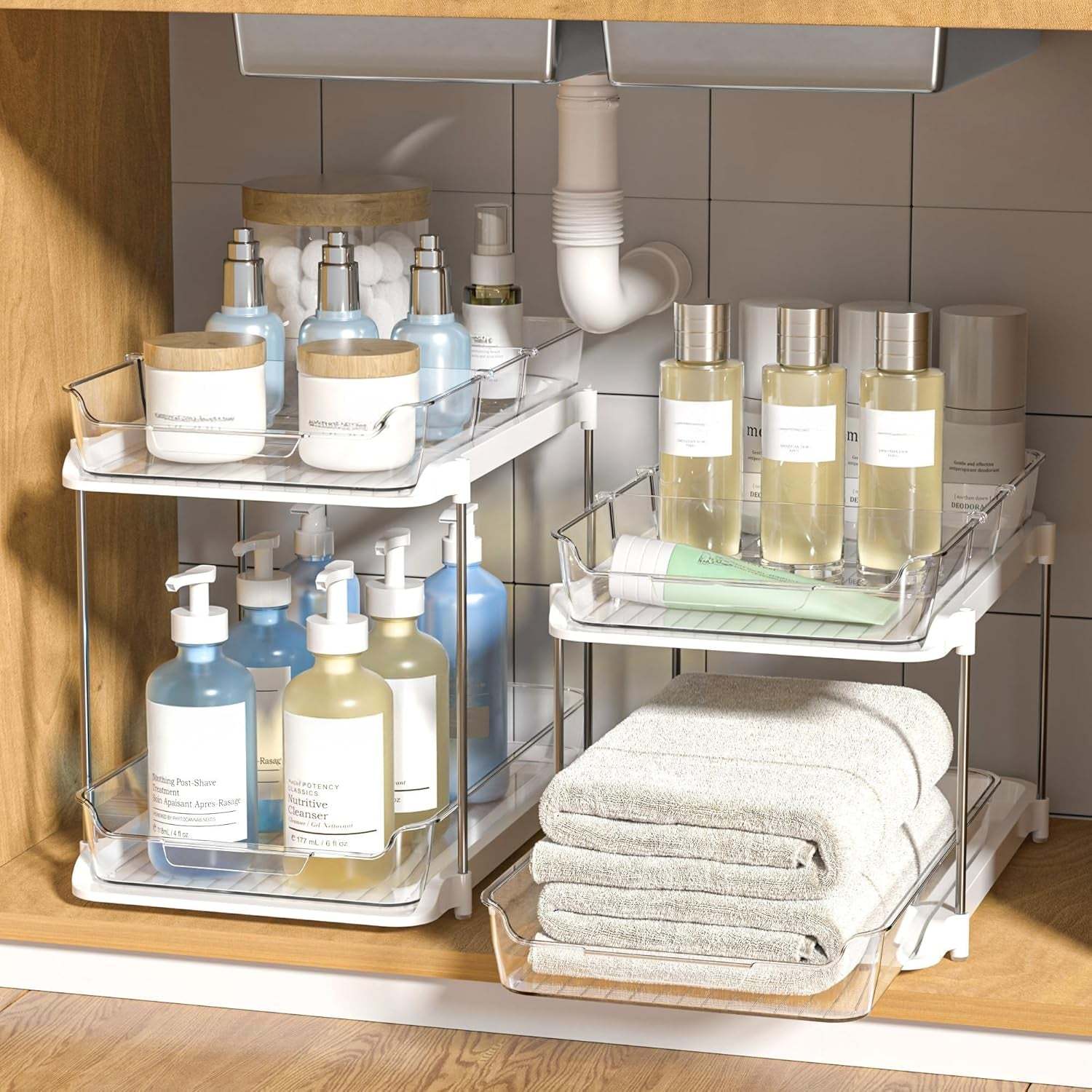 2-Tier white bathroom organizers with pull-out drawers and movable dividers for under sink storage and pantry organization, 2 pack