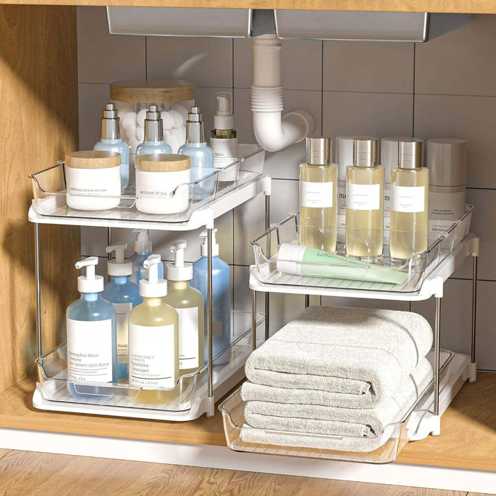 2-Tier white bathroom organizers with pull-out drawers and movable dividers for under sink storage and pantry organization, 2 pack