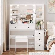 Makeup Vanity with Lights & Charging Station, White Vanity Table with 5 Drawers & Open Storage Shelves, Vanity Desk with Mirror & Lights, Dressing Table Set, Bedroom Makeup Table Set Black Handle
