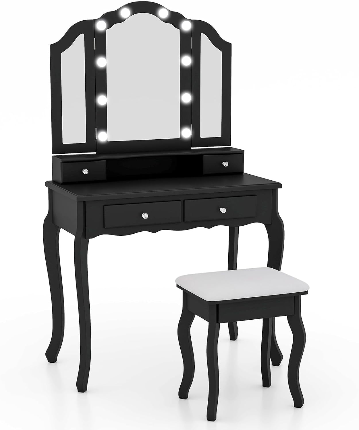 Vanity Desk with Lights - Makeup Vanity Table with Tri-Fold Mirror, 10 Adjustable Hollywood LED Lights, 4 Storage Drawers, Bedroom Makeup Dressing Table with Lighted Mirror and Stool (Black)