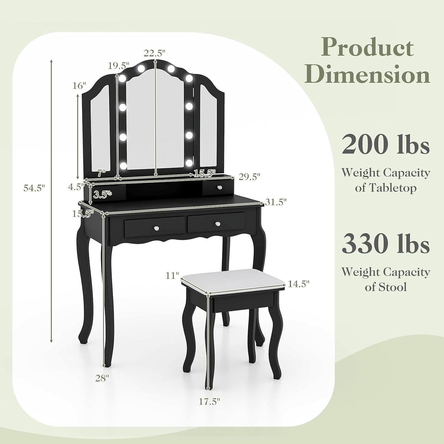Vanity Desk with Lights - Makeup Vanity Table with Tri-Fold Mirror, 10 Adjustable Hollywood LED Lights, 4 Storage Drawers, Bedroom Makeup Dressing Table with Lighted Mirror and Stool (Black)
