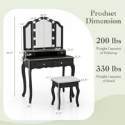 Vanity Desk with Lights - Makeup Vanity Table with Tri-Fold Mirror, 10 Adjustable Hollywood LED Lights, 4 Storage Drawers, Bedroom Makeup Dressing Table with Lighted Mirror and Stool (Black)