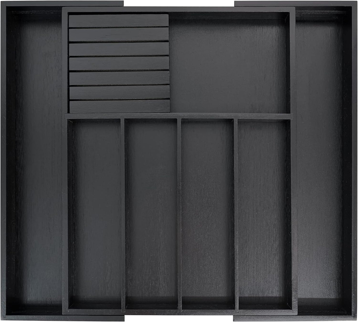 Bamboo Silverware Drawer Organizer Kitchen, Expandable Utensil Organizer with Knife Block, Cutlery Tray with Divider, Multifunctional Drawer Organizer (Black)