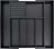 Expandable bamboo silverware drawer organizer with removable knife block and adjustable compartments in black finish