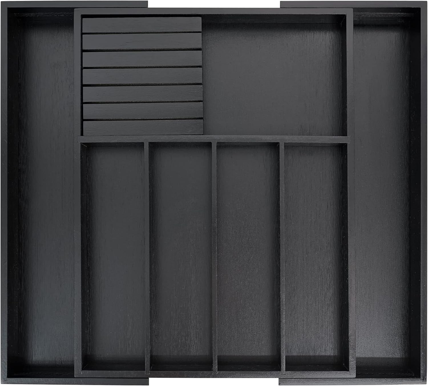 Bamboo Silverware Drawer Organizer Kitchen, Expandable Utensil Organizer with Knife Block, Cutlery Tray with Divider, Multifunctional Drawer Organizer (Black)