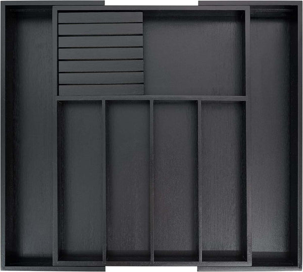 Bamboo Silverware Drawer Organizer Kitchen, Expandable Utensil Organizer with Knife Block (Black)