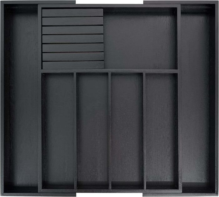 Expandable bamboo silverware drawer organizer with removable knife block and adjustable compartments in black finish