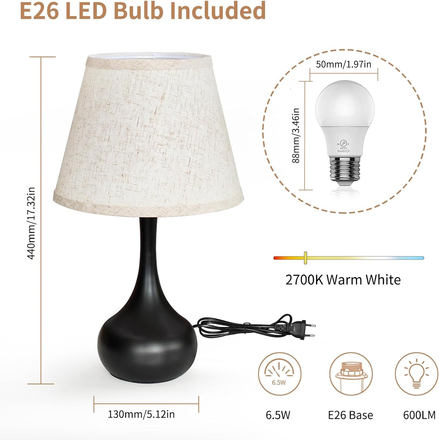 Touch Bedside Lamp for Bedroom, 3-Way Dimmable Farmhouse Table Lamps for Nightstand with Fabric Shade, Desk Lamp for Kids Reading, Home Office